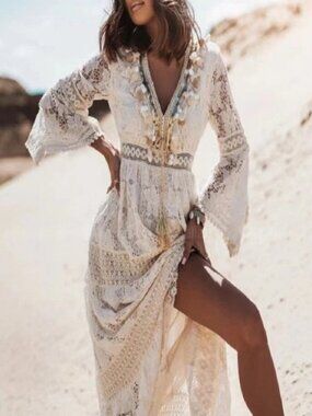 Women's Boho Maxi Lace V Neck Flare Sleeve Dress Summer Party Beach Sundress